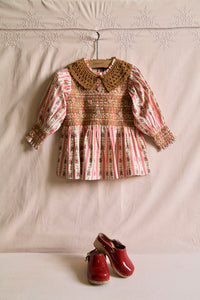 Smocked blouse with pink wallpaper stripe and removable crochet collar
