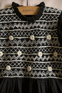Blouse with black polka dot smocking and removable crochet collar