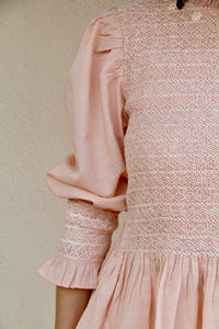 Smocked blouse in woven checked cotton voile, nude