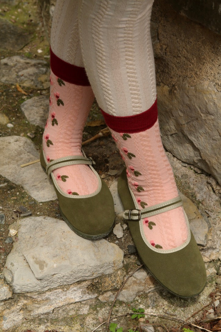 Chaussettes farandole de fleurs rose et son élastique noeud pour les cheveux