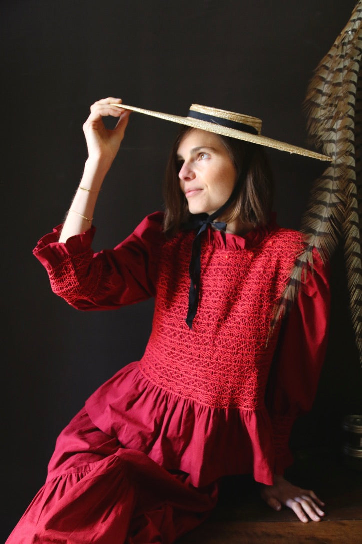 Burgundy red smocked blouse