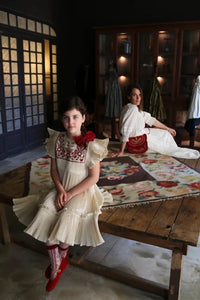 Ivory pleated taffeta embroidered dress