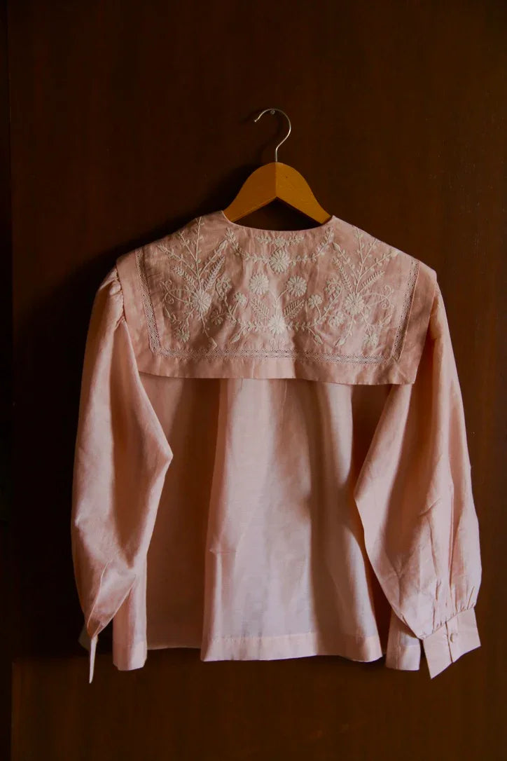 nude pink blouse with embroidered sailor collar