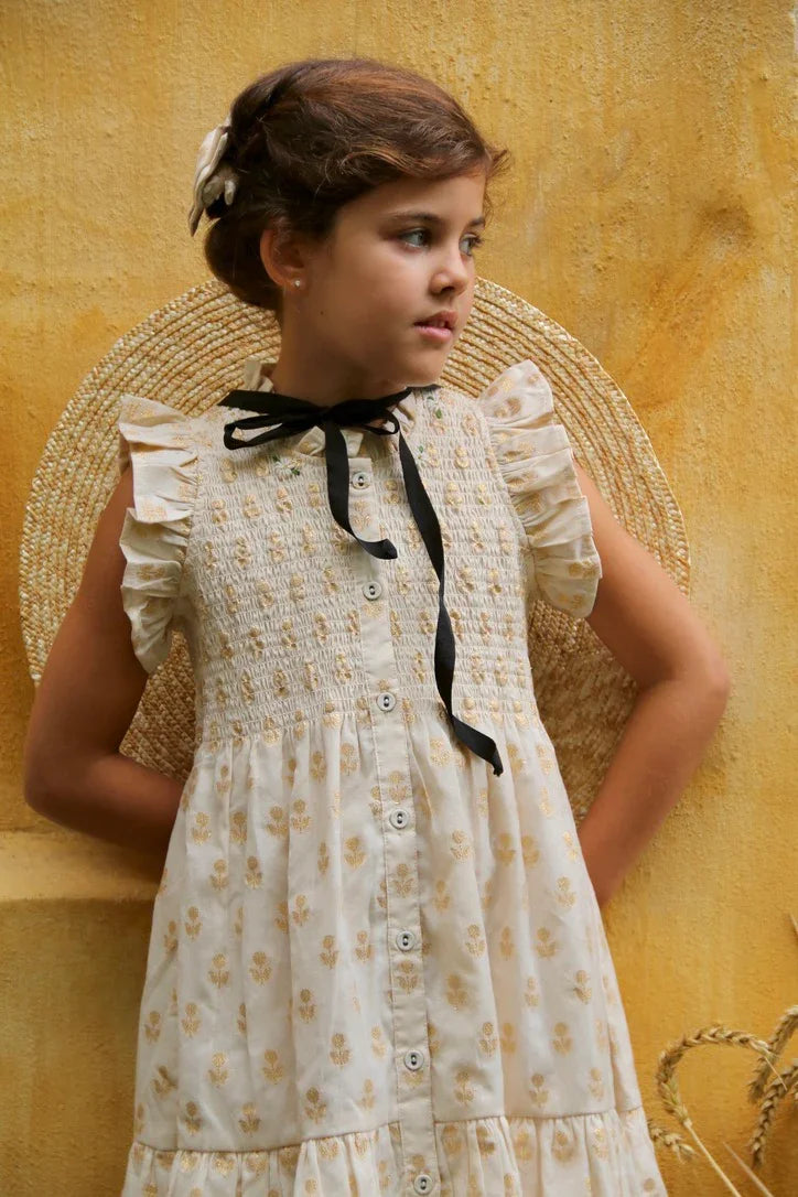 Robe longue fleur dorée sur ivoire