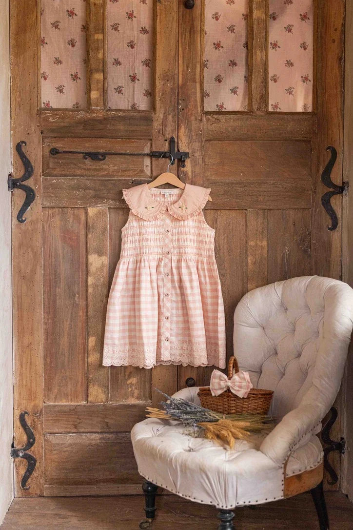 Emb. tunic + hair clip Pink Vichy with small design eyelete emb