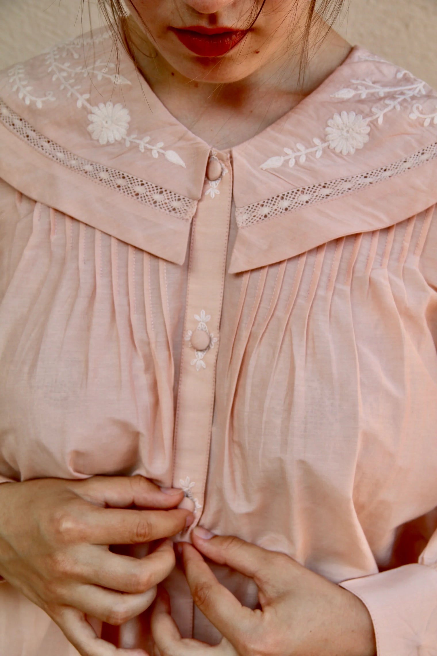 nude pink blouse with embroidered sailor collar