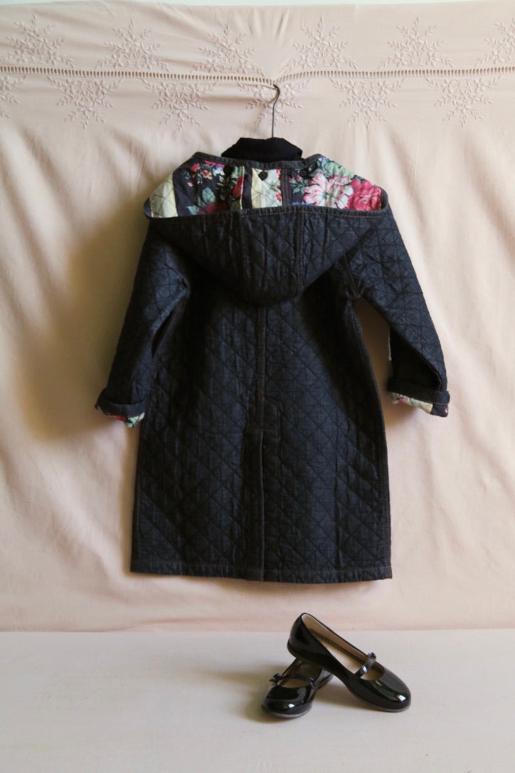 Quilted black denim trench coat