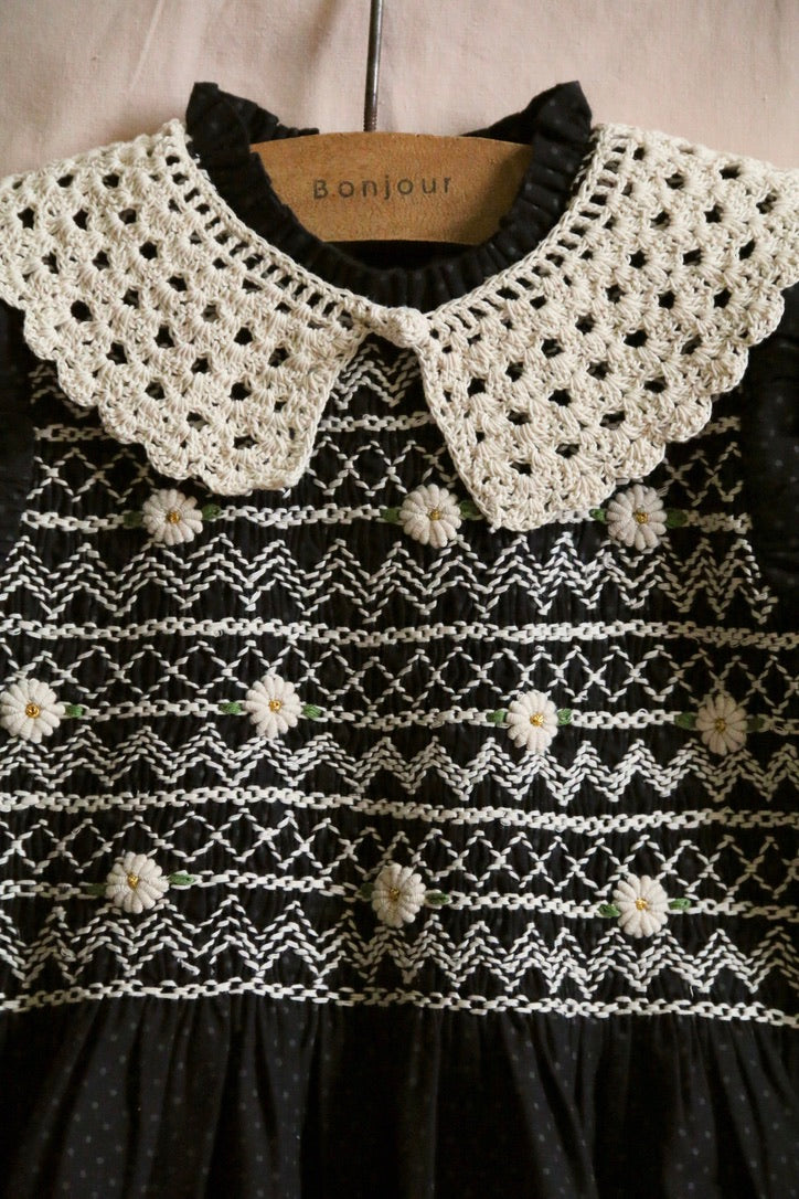 Blouse with black polka dot smocking and removable crochet collar