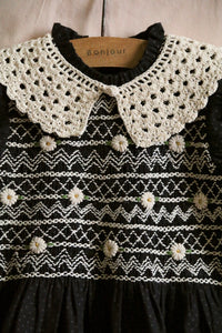 Blouse with black polka dot smocking and removable crochet collar