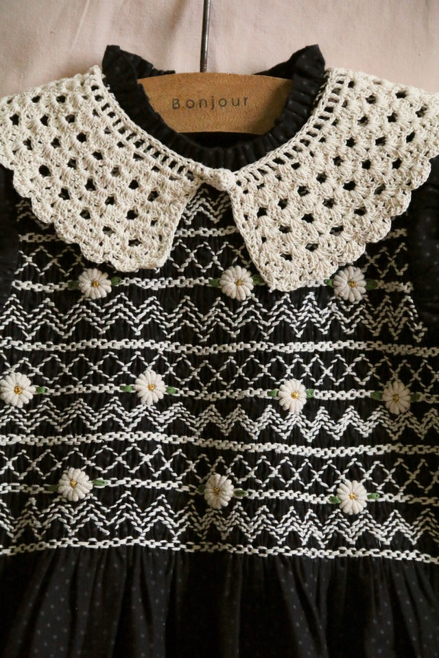 Blouse with black polka dot smocking and removable crochet collar