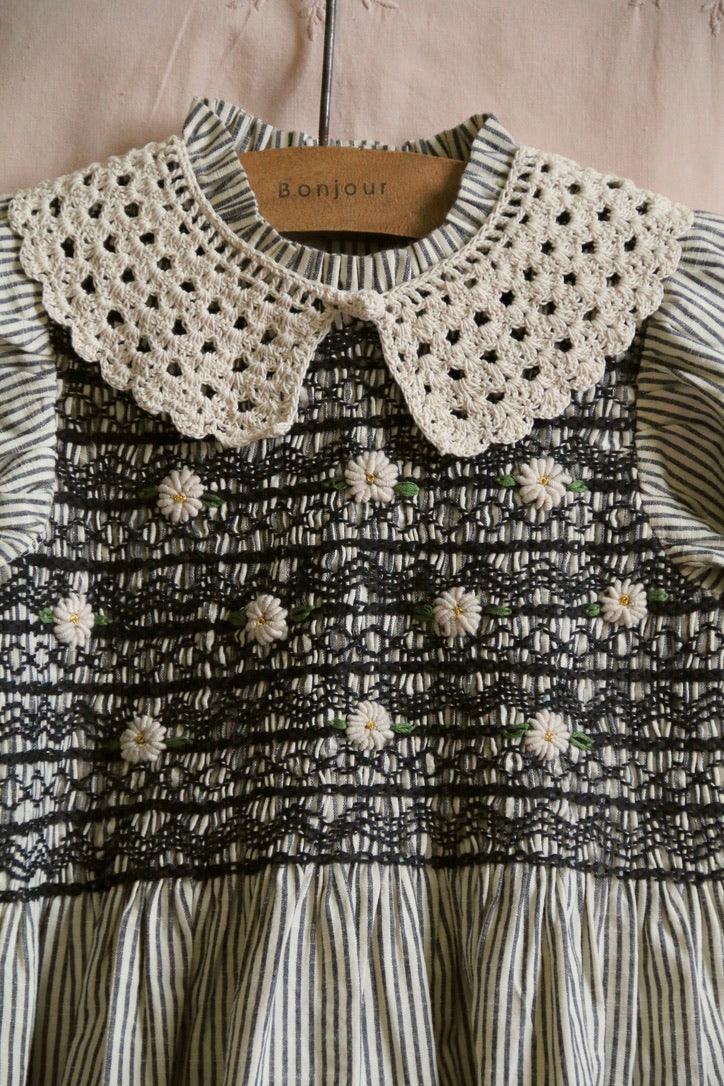 Blouse with smocked stripes and removable crochet collar