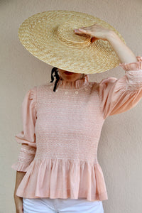 Smocked blouse in woven checked cotton voile, nude