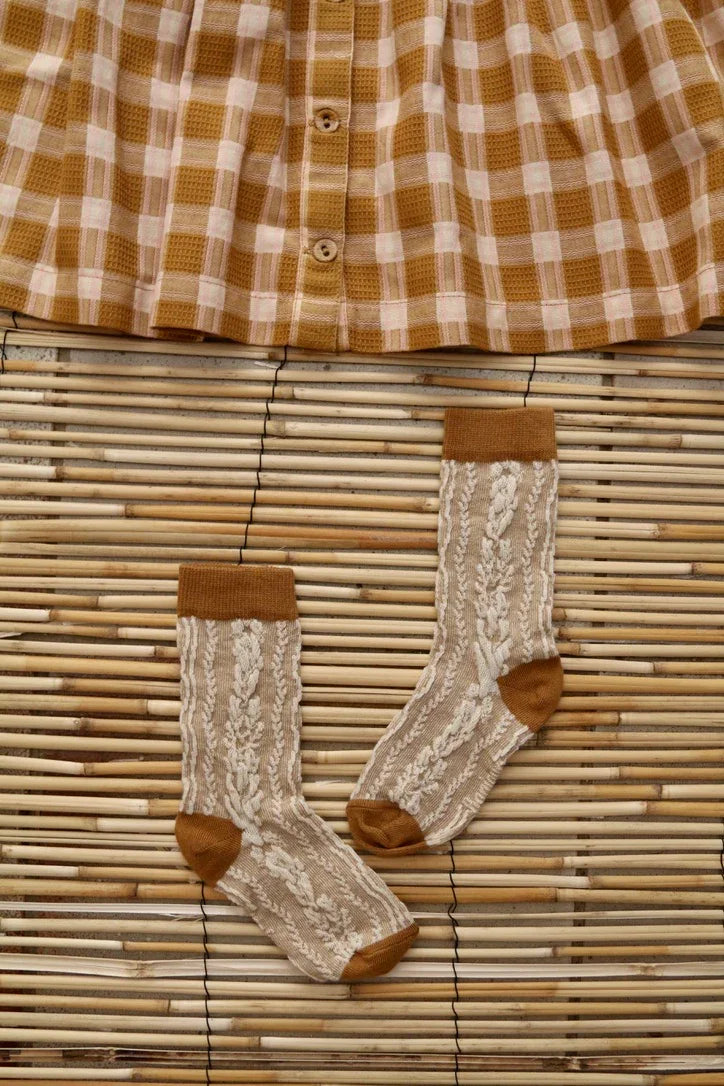 Chaussette torsade de fleurs caramel