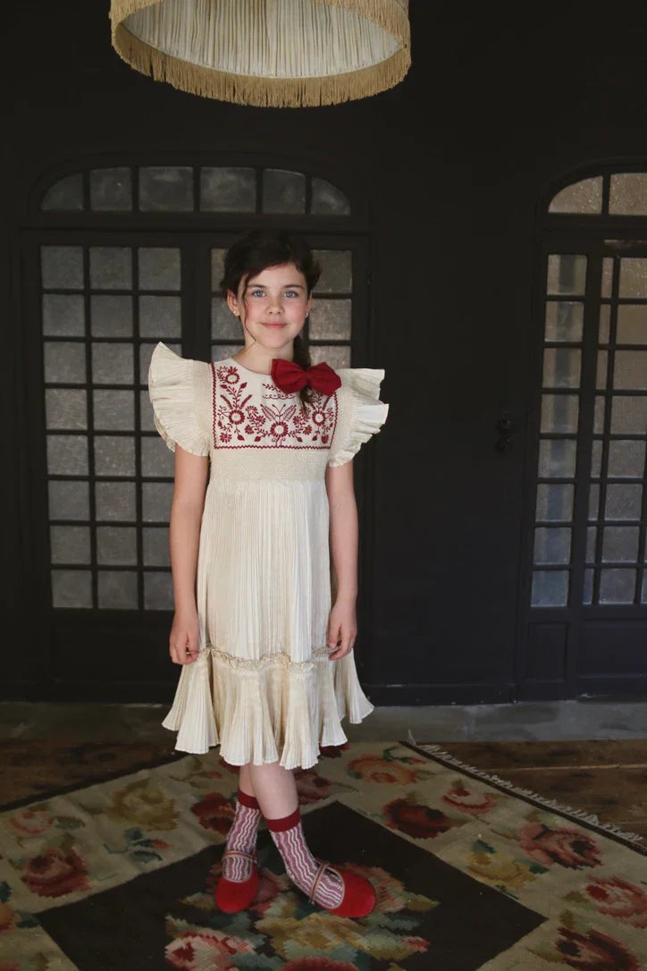 Ivory pleated taffeta embroidered dress