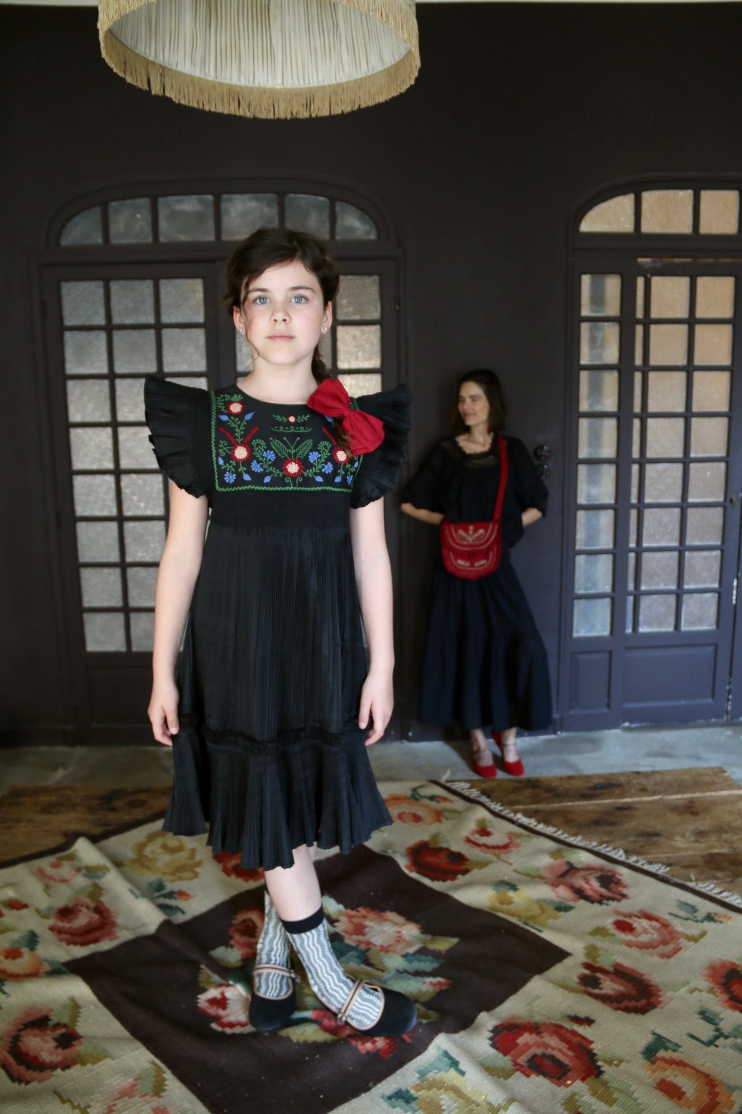 Black pleated taffeta embroidered dress