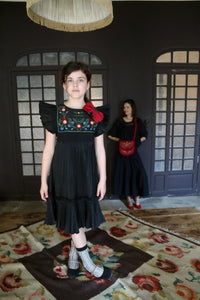 Black pleated taffeta embroidered dress