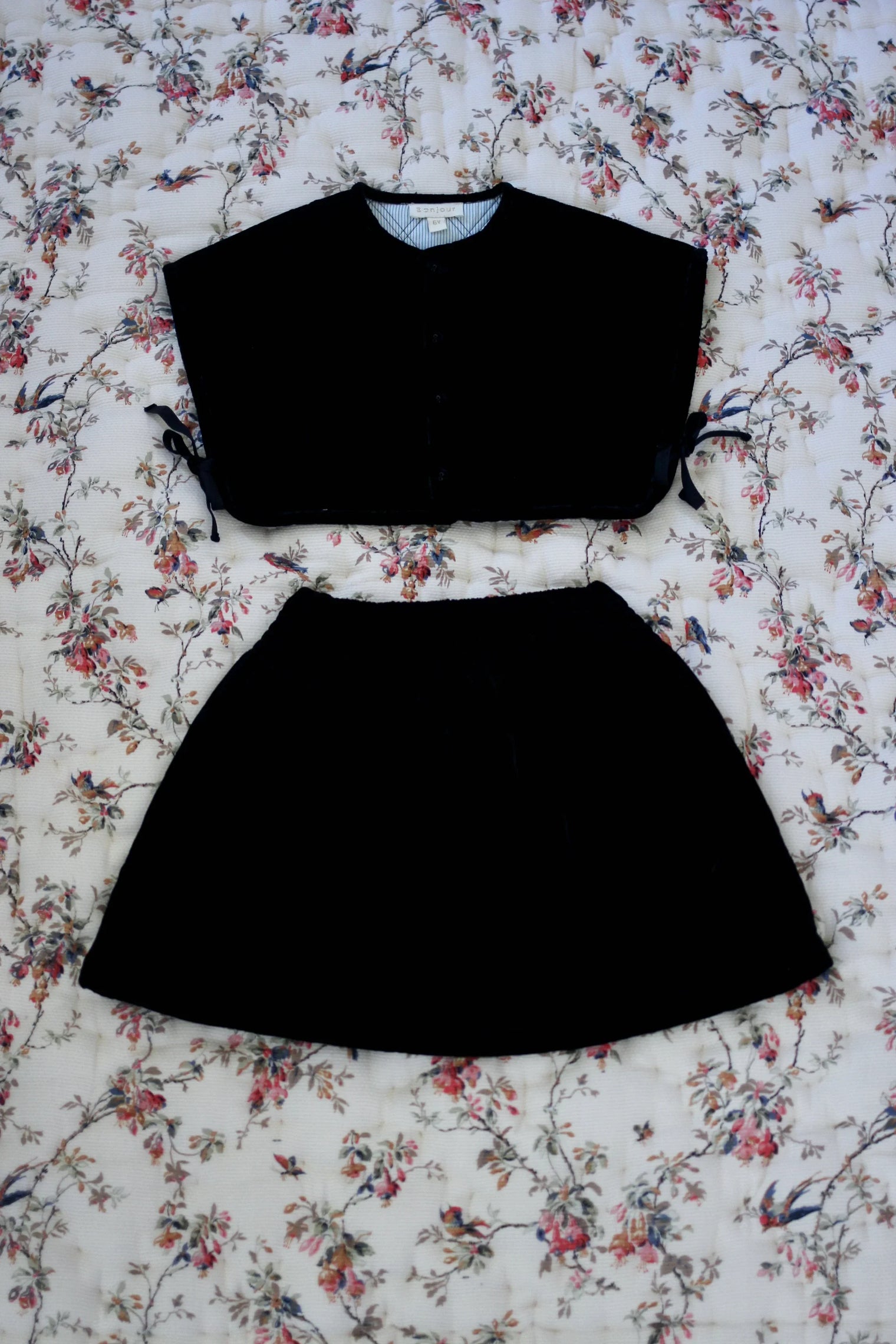 Black velvet quilted top and skirt set
